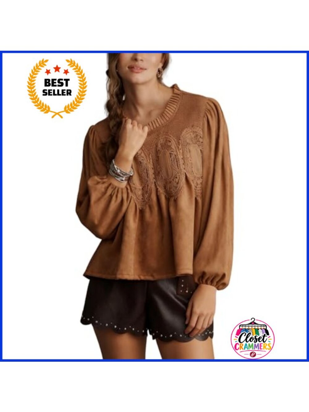 Faux Suede Lace Detail Flared Long Sleeve Blouse Pullover Top